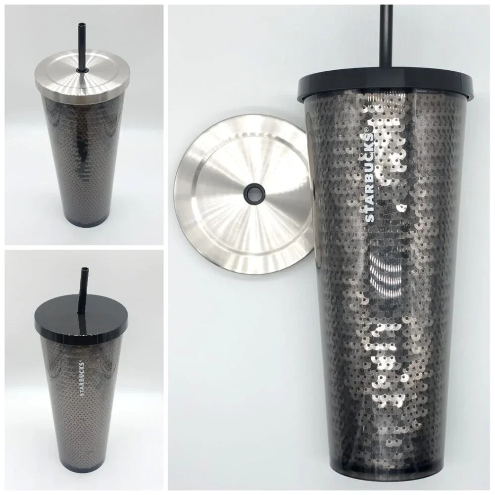 Starbucks Black Sequins Cold Cup Tumbler with FREE EXTRA LID 24oz